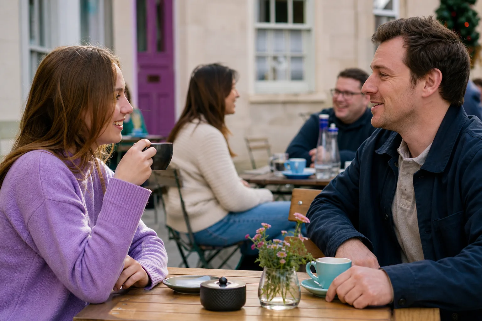 Two people talking beside the historic warehouses at Gloucester Docks