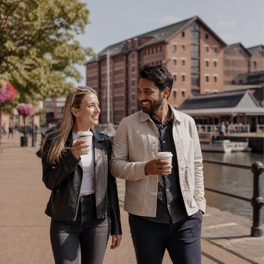 Outdoor tables beside the historic warehouses at Gloucester Docks