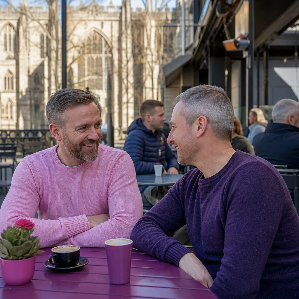 Two men having coffee at an outdoor table in Gloucester city centre